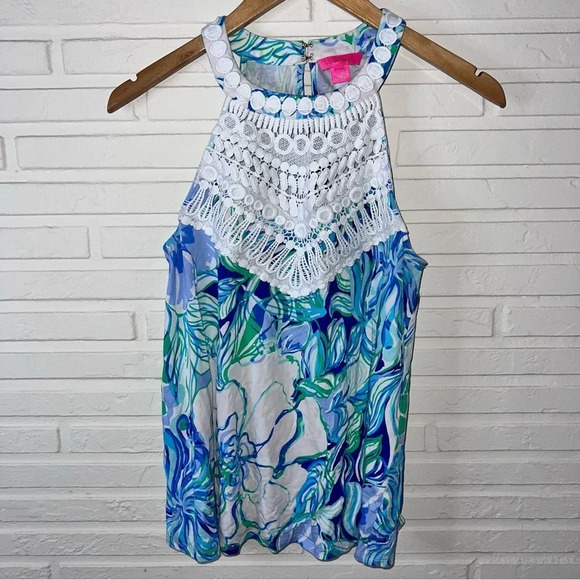 Lilly Pulitzer Blue and Green Floral Halter Neck Dawn Top, Women’s Size Small - Picture 1 of 6